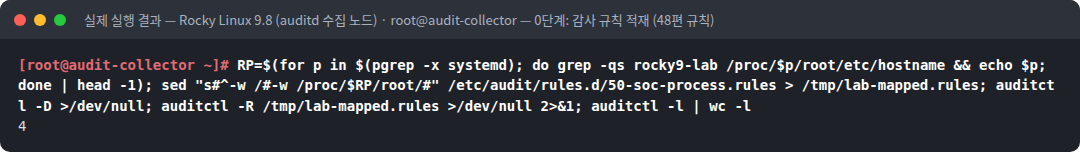 실제 실행 결과 — Rocky Linux 9.8 (auditd 수집 노드) · root@audit-collector — 0단계: 감사 규칙 적재 (48편 규칙)
