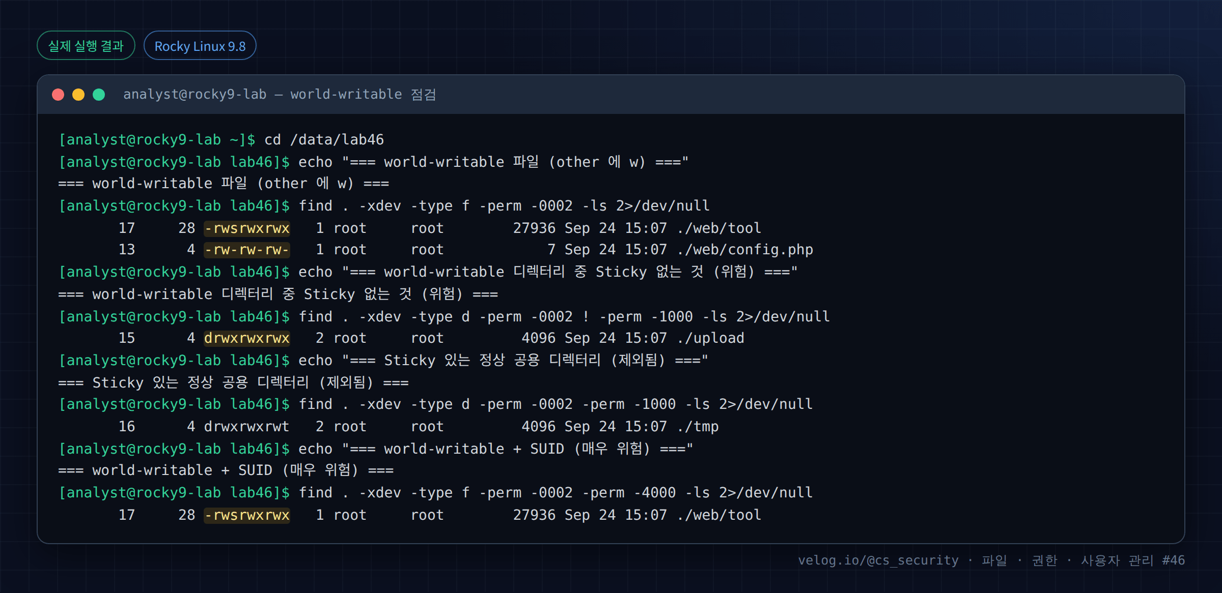 실제 실행 결과 — Rocky Linux 9.8 · analyst@rocky9-lab — world-writable 점검
