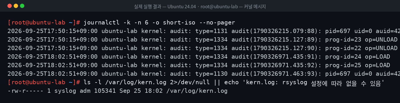 실제 실행 결과 — Ubuntu 24.04 · root@ubuntu-lab — 커널 메시지