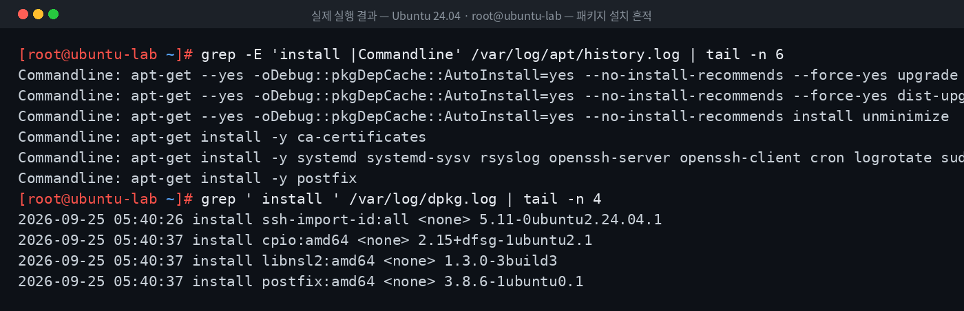 실제 실행 결과 — Ubuntu 24.04 · root@ubuntu-lab — 패키지 설치 흔적