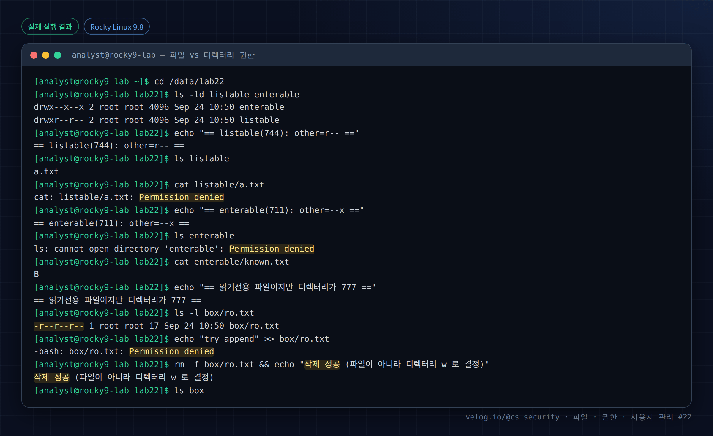 실제 실행 결과 — Rocky Linux 9.8 · analyst@rocky9-lab — 파일 vs 디렉터리 권한
