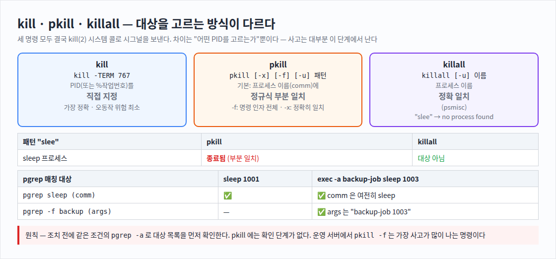 kill · pkill · killall — 대상을 고르는 방식이 다르다