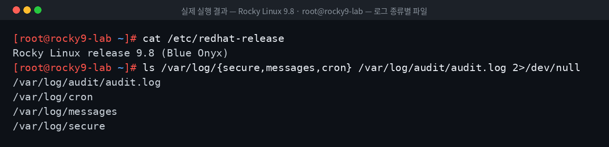 실제 실행 결과 — Rocky Linux 9.8 · root@rocky9-lab — 로그 종류별 파일