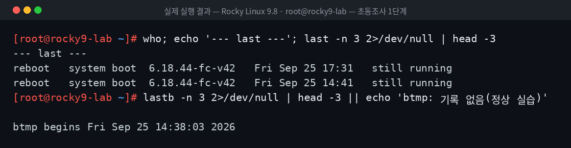 실제 실행 결과 — Rocky Linux 9.8 · root@rocky9-lab — 초동조사 1단계