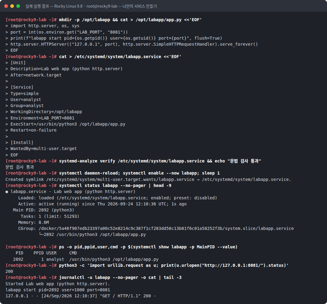 실제 실행 결과 — Rocky Linux 9.8 · root@rocky9-lab — 나만의 서비스 만들기