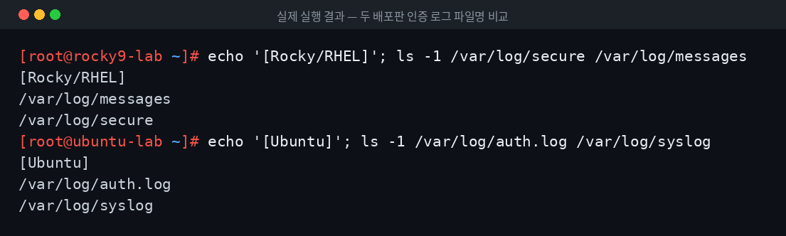 실제 실행 결과 — 두 배포판 인증 로그 파일명 비교
