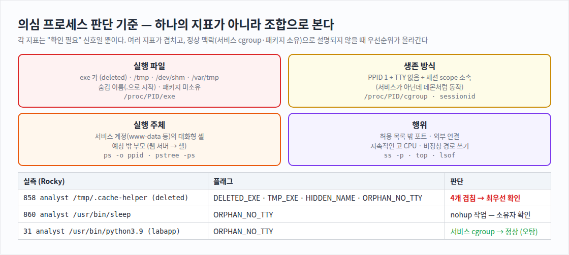 의심 프로세스 판단 기준 — 하나의 지표가 아니라 조합으로 본다