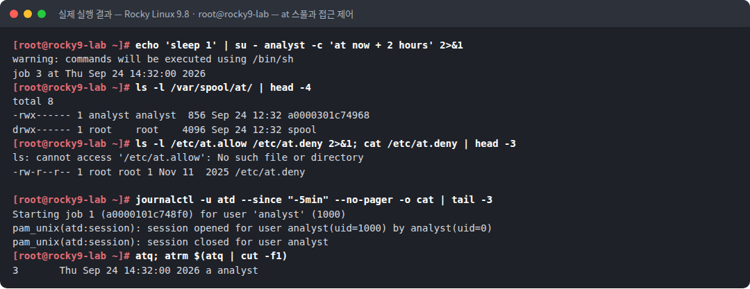 실제 실행 결과 — Rocky Linux 9.8 · root@rocky9-lab — at 스풀과 접근 제어