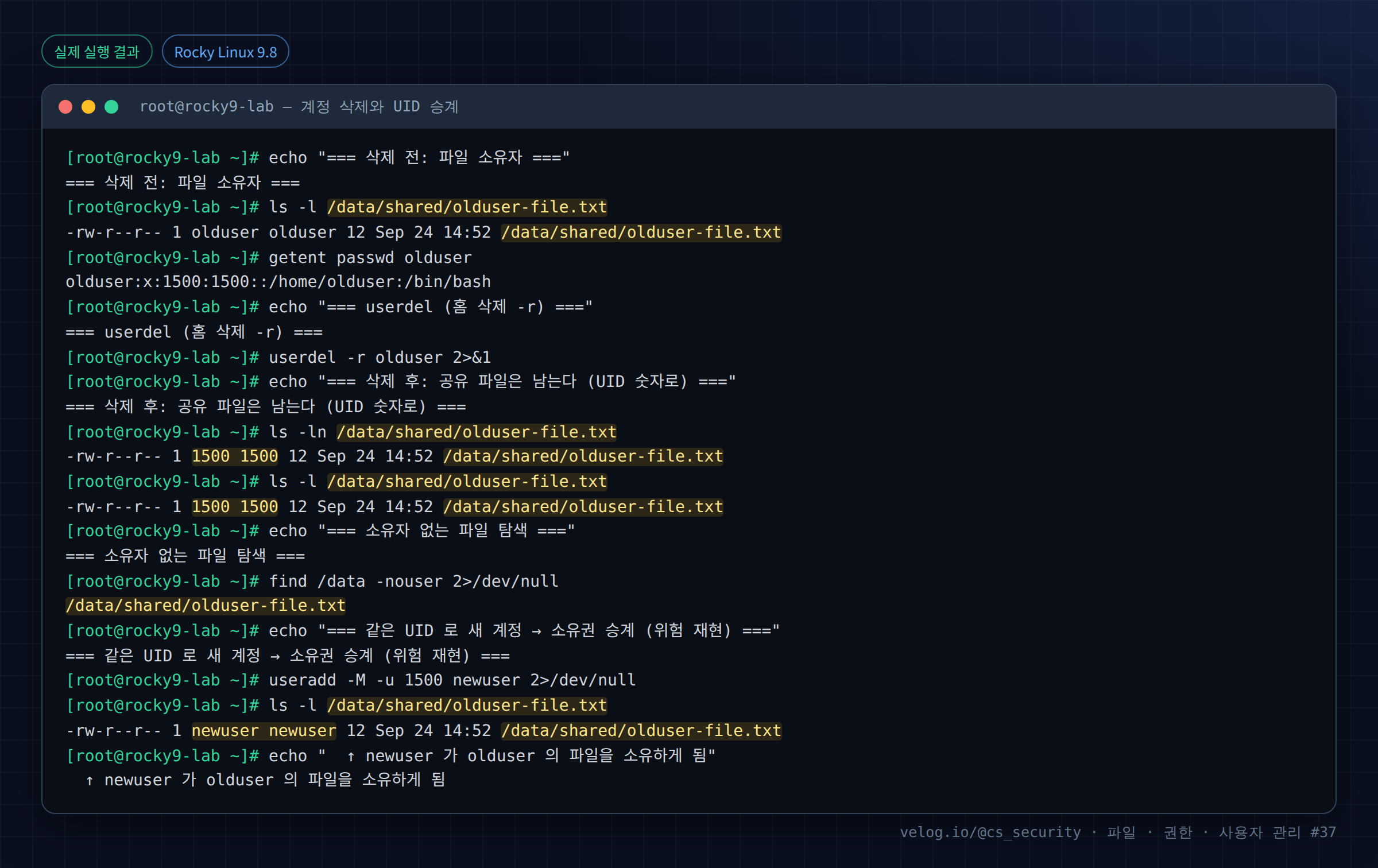 실제 실행 결과 — Rocky Linux 9.8 · root@rocky9-lab — 계정 삭제와 UID 승계