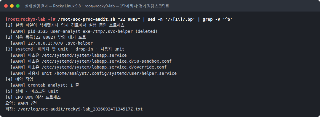 실제 실행 결과 — Rocky Linux 9.8 · root@rocky9-lab — 1단계 탐지: 정기 점검 스크립트