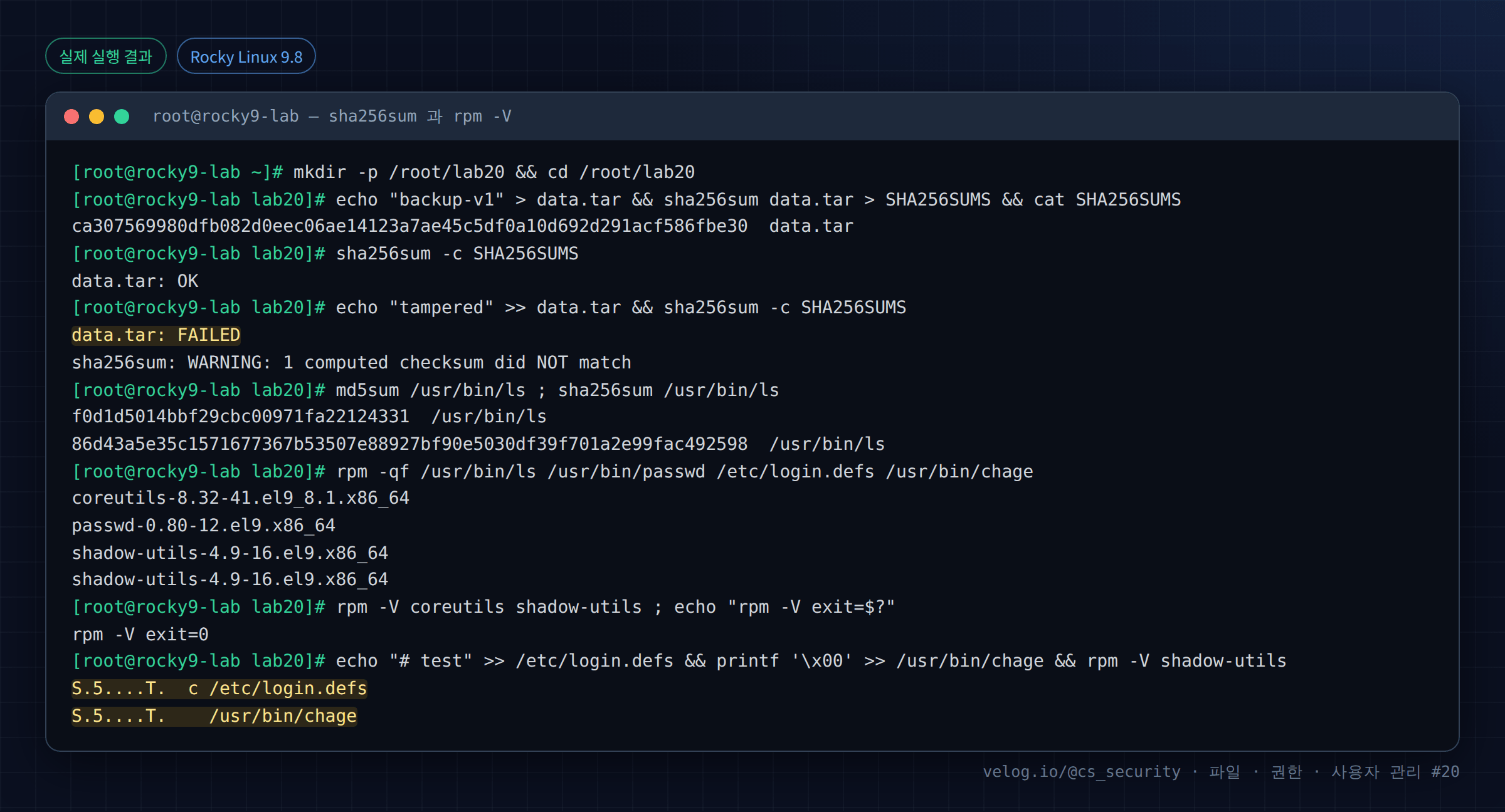 실제 실행 결과 — Rocky Linux 9.8 · root@rocky9-lab — sha256sum 과 rpm -V