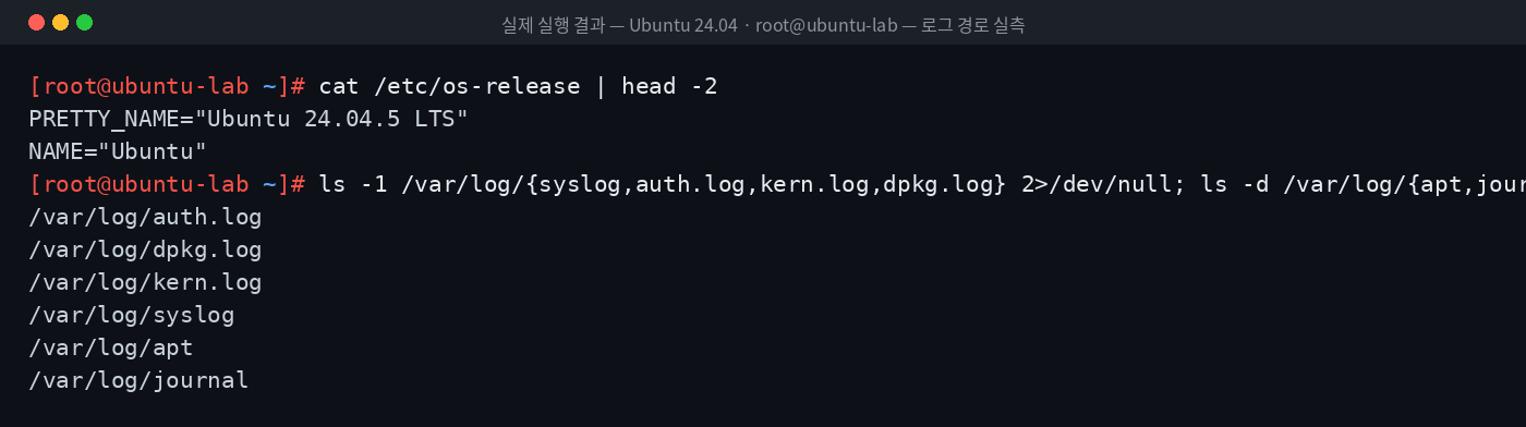 실제 실행 결과 — Ubuntu 24.04 · root@ubuntu-lab — 로그 경로 실측