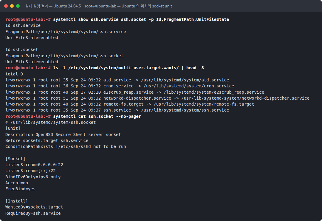 실제 실행 결과 — Ubuntu 24.04.5 · root@ubuntu-lab — Ubuntu 의 위치와 socket unit