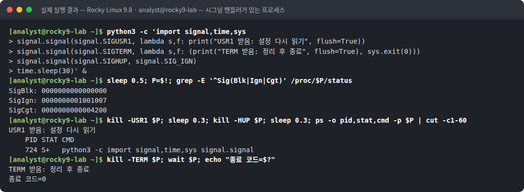 실제 실행 결과 — Rocky Linux 9.8 · analyst@rocky9-lab — 시그널 핸들러가 있는 프로세스