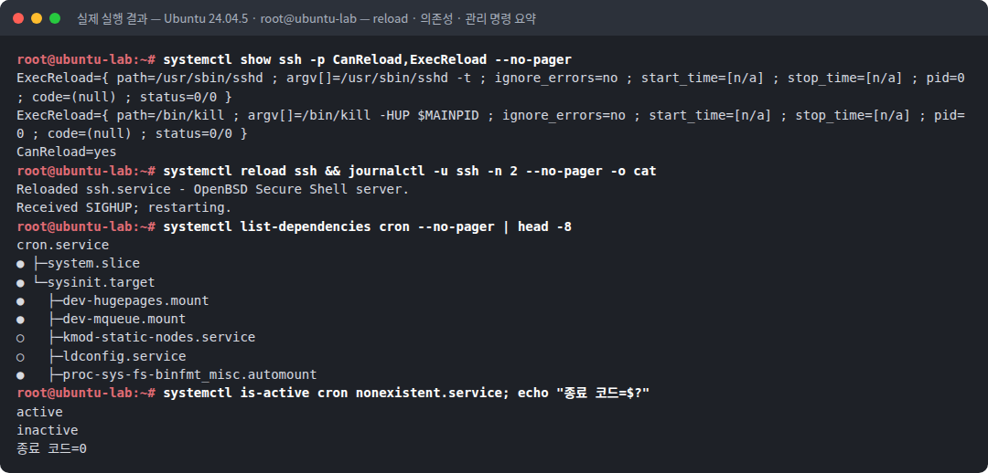 실제 실행 결과 — Ubuntu 24.04.5 · root@ubuntu-lab — reload · 의존성 · 관리 명령 요약