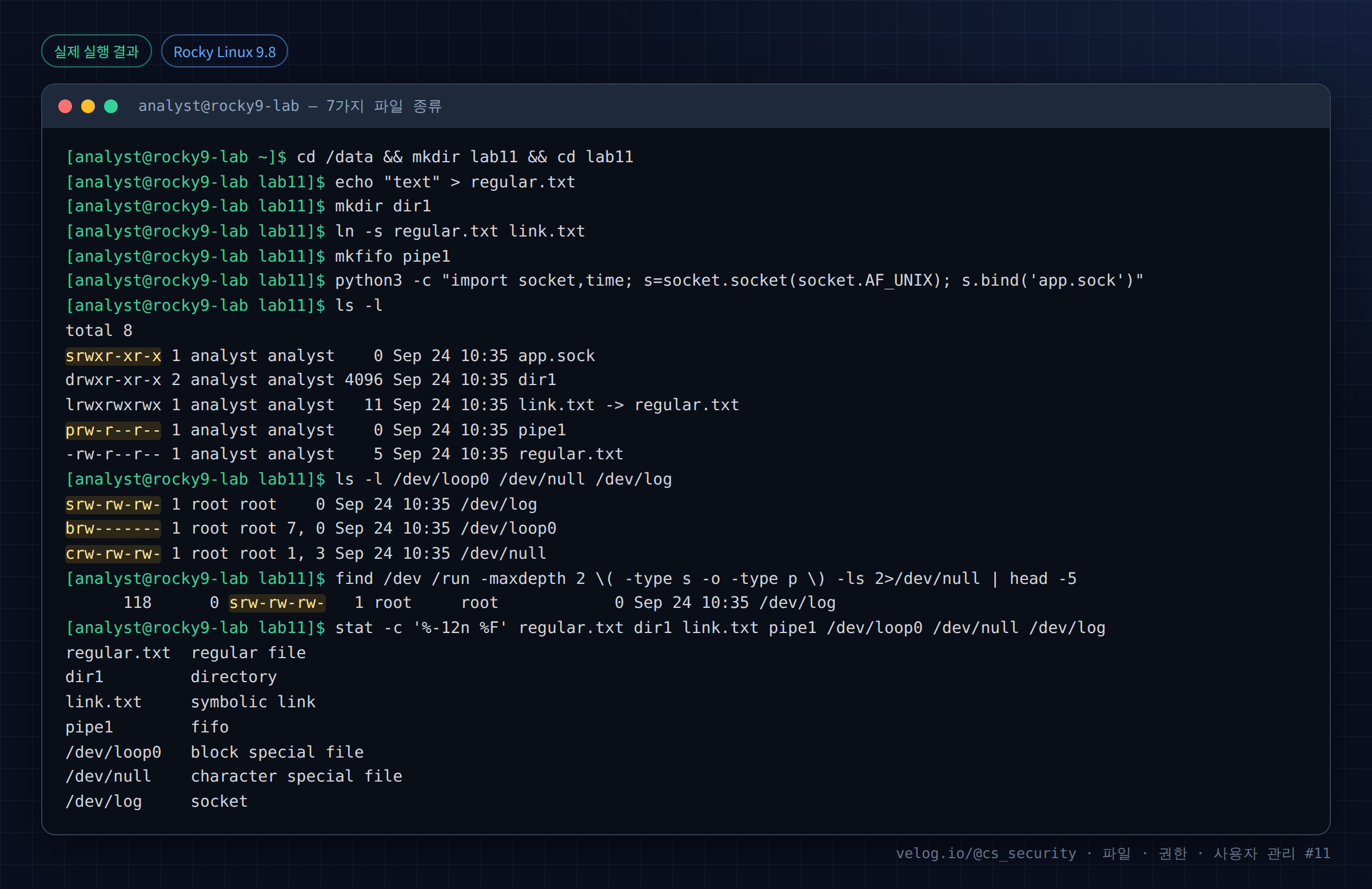 실제 실행 결과 — Rocky Linux 9.8 · analyst@rocky9-lab — 7가지 파일 종류