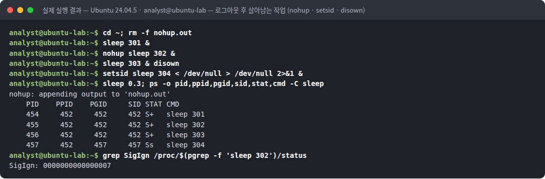 실제 실행 결과 — Ubuntu 24.04.5 · analyst@ubuntu-lab — 로그아웃 후 살아남는 작업 (nohup · setsid · disown)