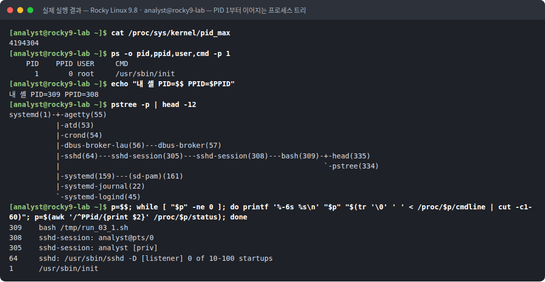 실제 실행 결과 — Rocky Linux 9.8 · analyst@rocky9-lab — PID 1부터 이어지는 프로세스 트리