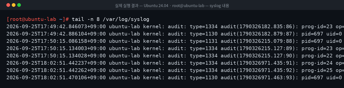 실제 실행 결과 — Ubuntu 24.04 · root@ubuntu-lab — syslog 내용