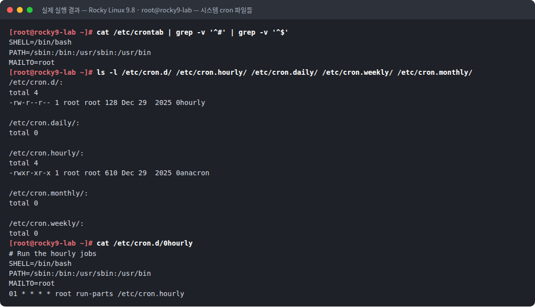 실제 실행 결과 — Rocky Linux 9.8 · root@rocky9-lab — 시스템 cron 파일들