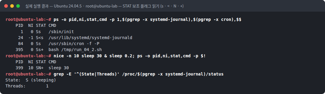 실제 실행 결과 — Ubuntu 24.04.5 · root@ubuntu-lab — STAT 보조 플래그 읽기 (s · < · N · +)