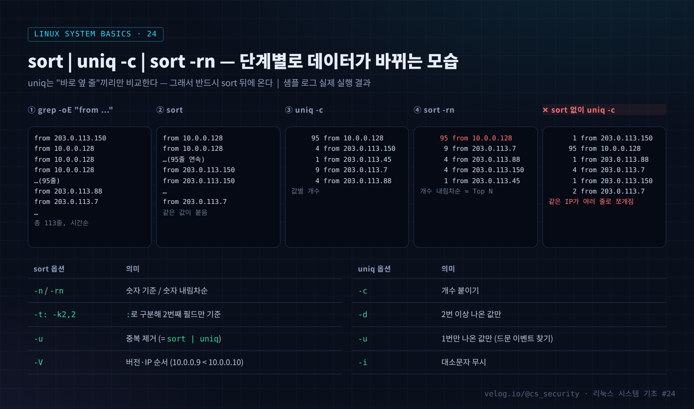sort | uniq -c | sort -rn — 단계별로 데이터가 바뀌는 모습