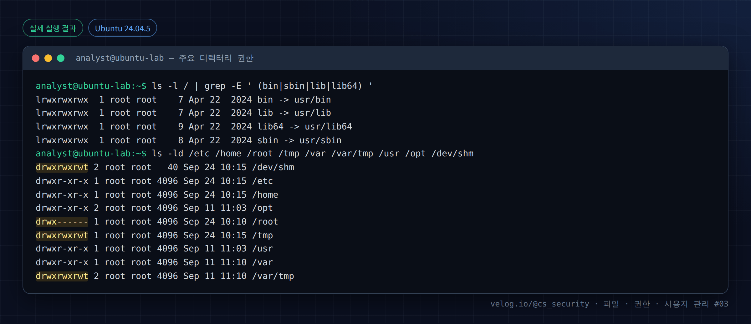 실제 실행 결과 — Ubuntu 24.04.5 · analyst@ubuntu-lab — 주요 디렉터리 권한