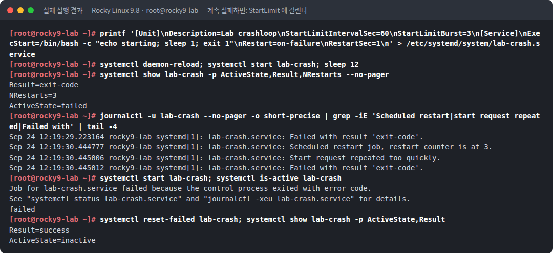 실제 실행 결과 — Rocky Linux 9.8 · root@rocky9-lab — 계속 실패하면: StartLimit 에 걸린다