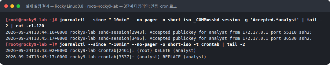 실제 실행 결과 — Rocky Linux 9.8 · root@rocky9-lab — 3단계 타임라인: 인증·cron 로그