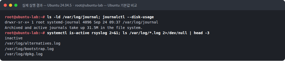 실제 실행 결과 — Ubuntu 24.04.5 · root@ubuntu-lab — Ubuntu 기본값 비교