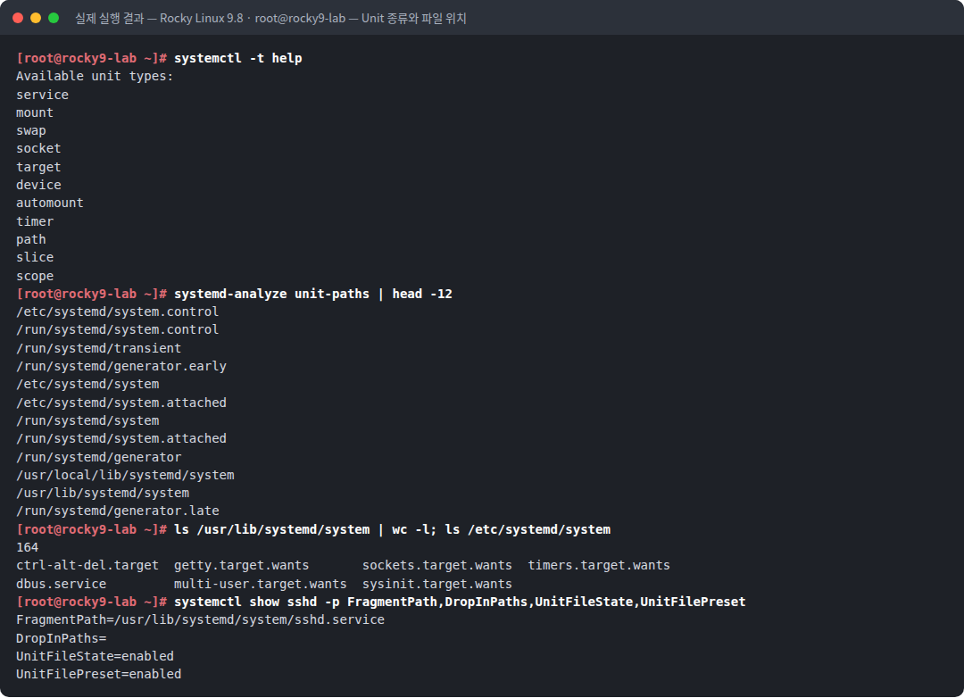실제 실행 결과 — Rocky Linux 9.8 · root@rocky9-lab — Unit 종류와 파일 위치