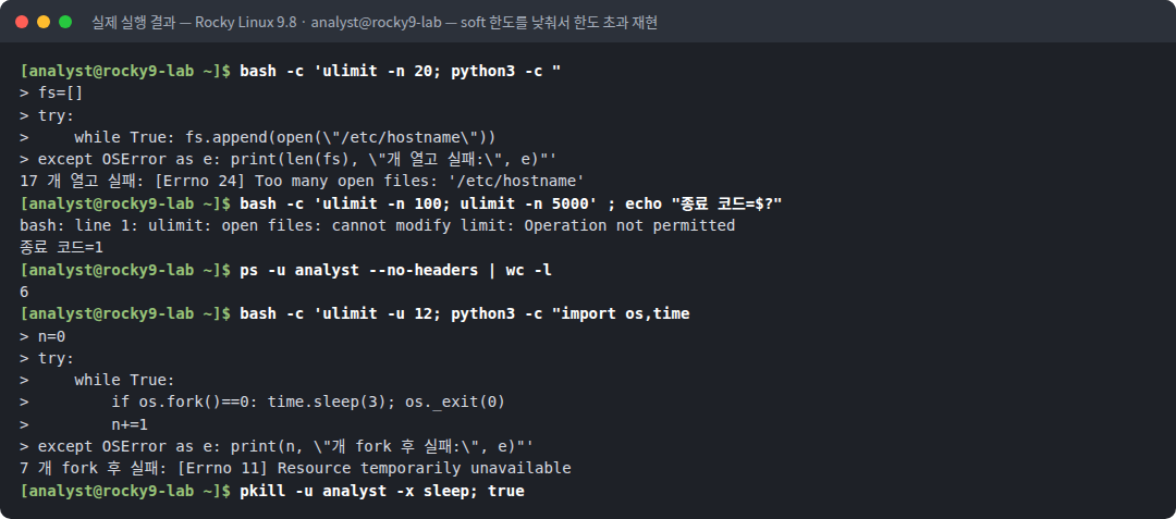 실제 실행 결과 — Rocky Linux 9.8 · analyst@rocky9-lab — soft 한도를 낮춰서 한도 초과 재현