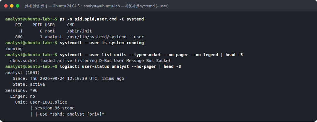 실제 실행 결과 — Ubuntu 24.04.5 · analyst@ubuntu-lab — 사용자별 systemd (--user)