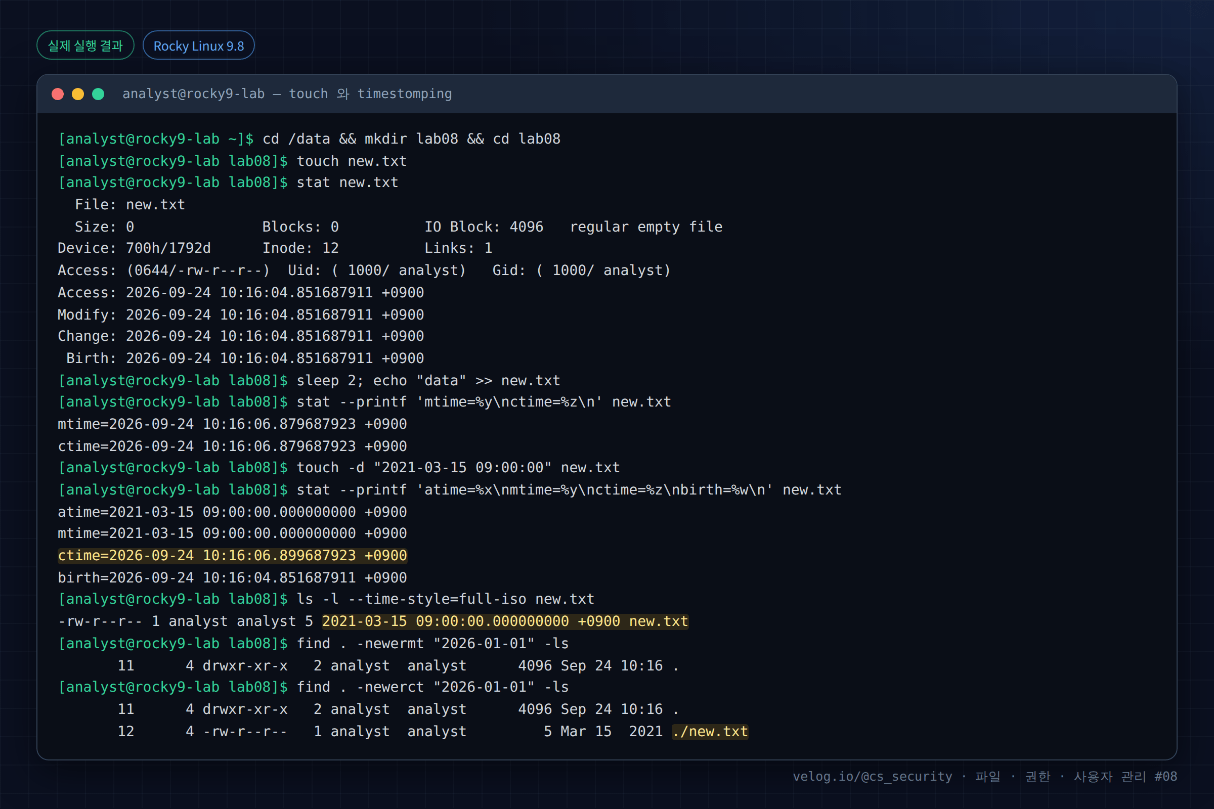 실제 실행 결과 — Rocky Linux 9.8 · analyst@rocky9-lab — touch 와 timestomping