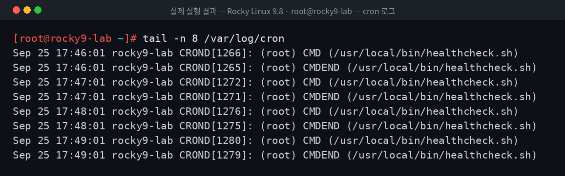 실제 실행 결과 — Rocky Linux 9.8 · root@rocky9-lab — cron 로그