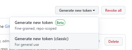 Generate new token(classic) 클릭