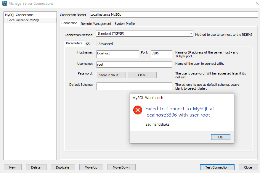  mysql cannot connect to database server bad handshake 