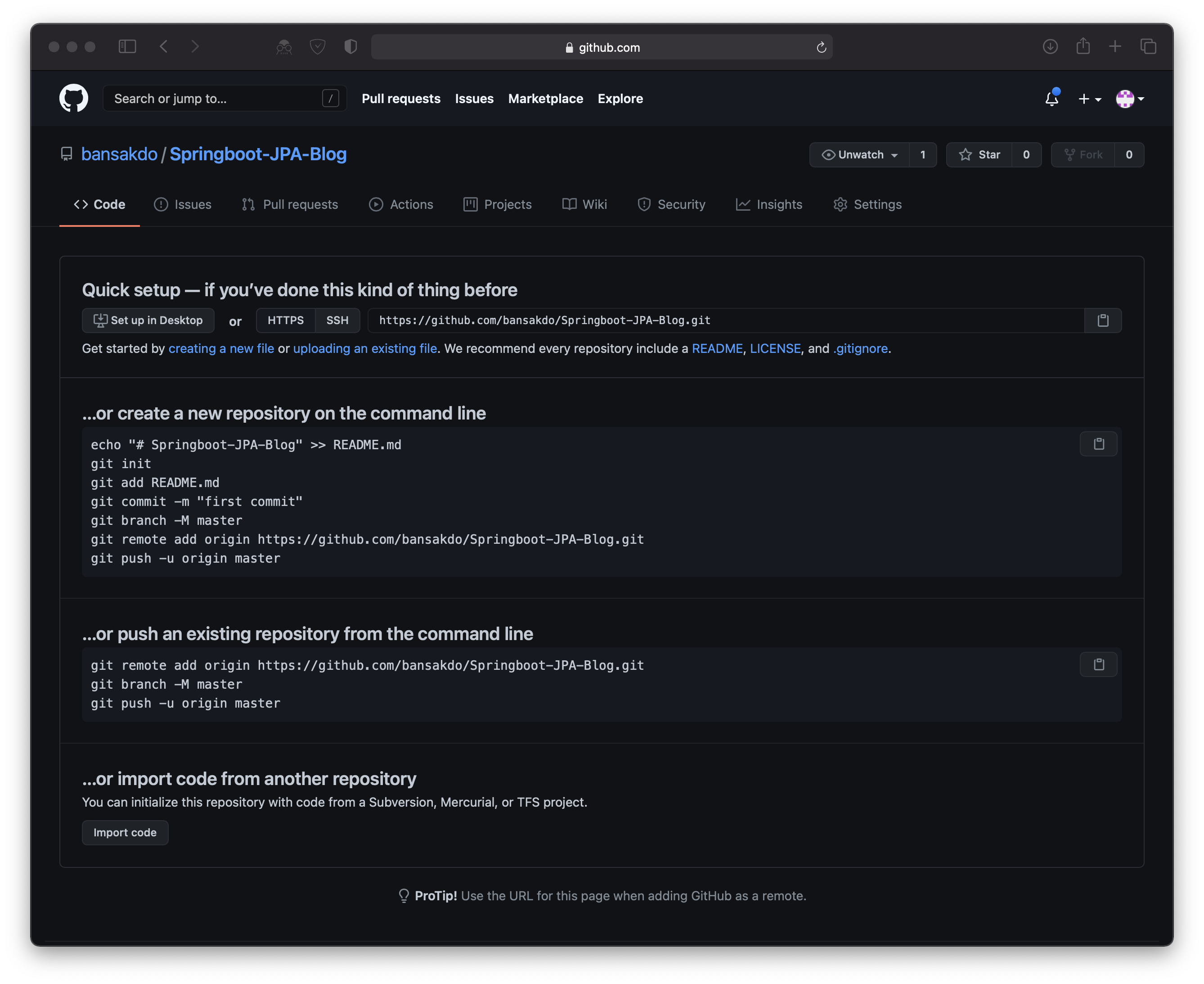 [Spring Boot] Blog Project Git 생성 및 Github 연동