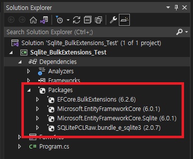 [Entity Framework] SQLite에서 EFCore.BulkExtensions 사용하기