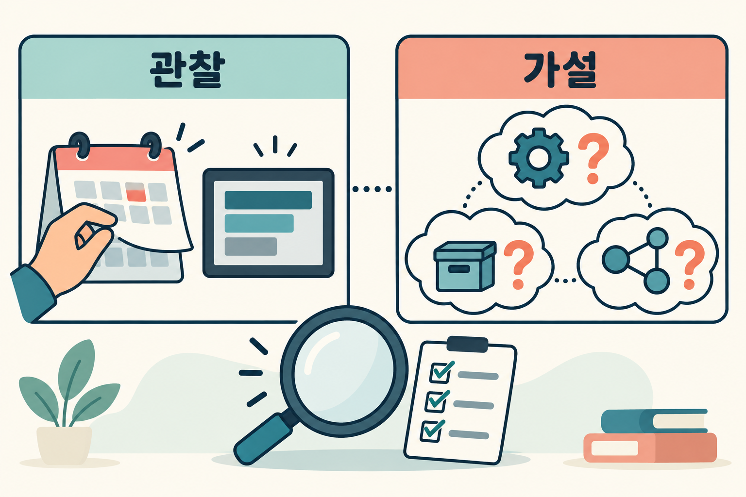 직접 관찰한 동작과 상태 관리·캐시 등 확인 전 원인 가설을 구분한 도식