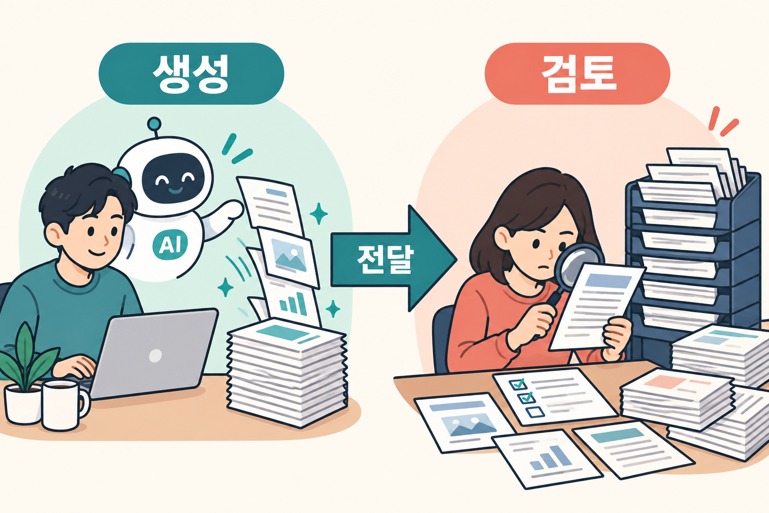 AI로 생성한 결과를 전달하는 쪽과 결과를 하나씩 확인하는 리뷰어의 작업량 차이