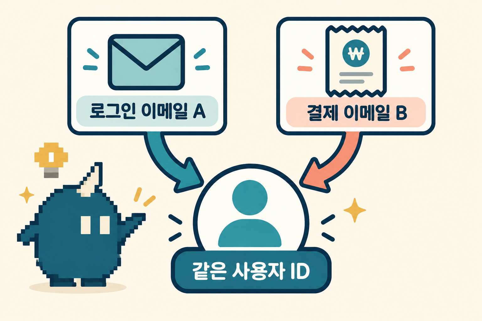 서로 다른 로그인 이메일과 결제 이메일을 고유 사용자 ID로 연결하는 구조