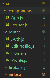 파일 관리 이미지 components 폴더에 App.js, Router.js를 생성하고, routes 폴더에 Auth.js, EditProfile.js, Home.js, Profile.js를생성한다.