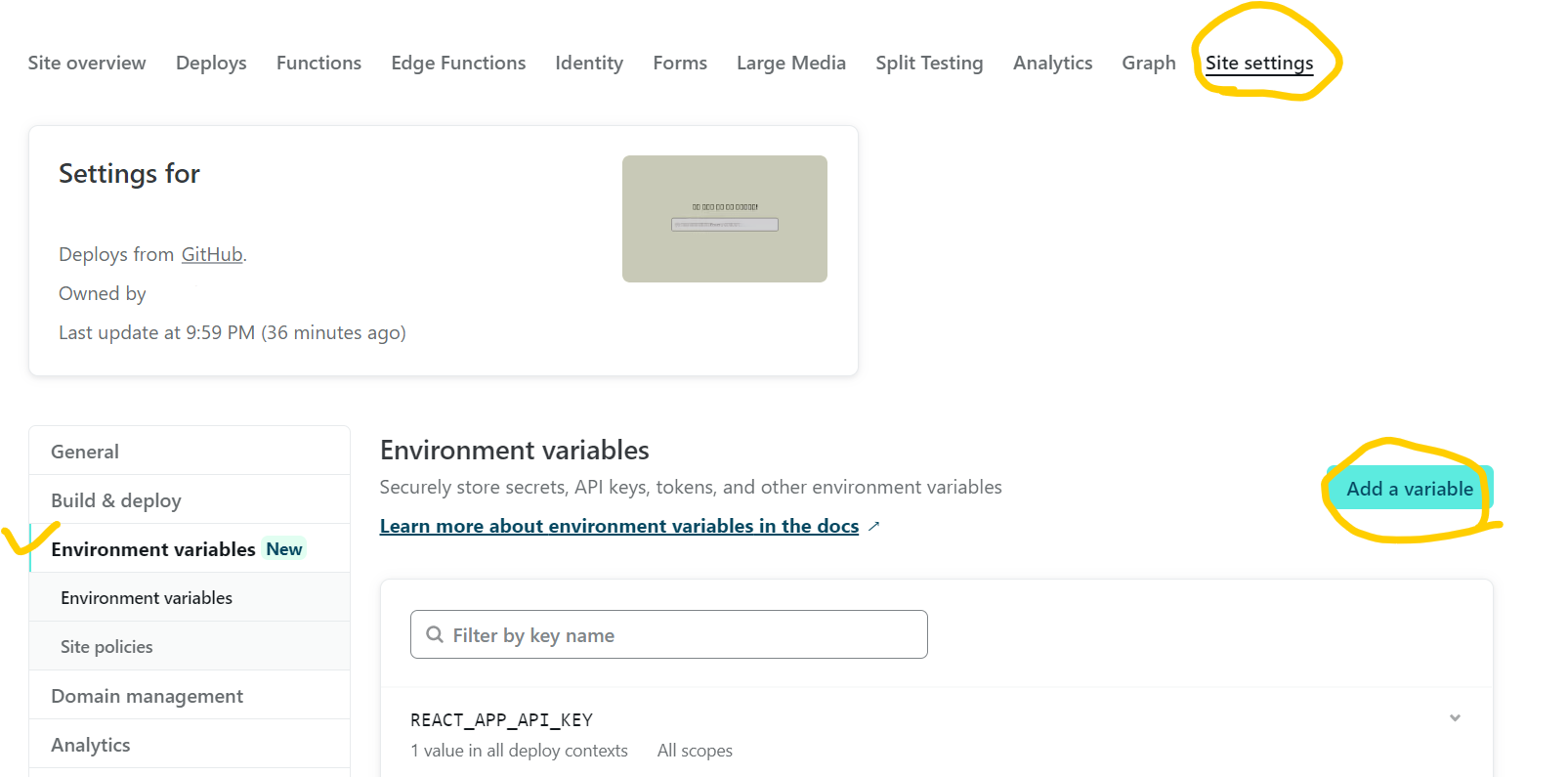 netlify에서 API key 추가 버튼 찾는 화면
