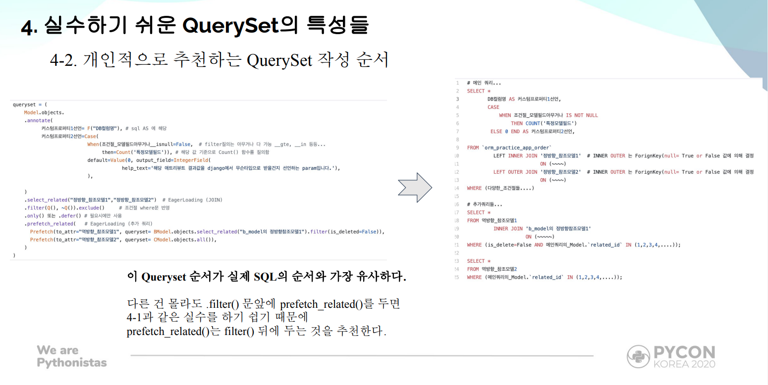 Django ORM (QuerySet)구조와 원리 그리고 최적화전략 - PyCon Korea 2020 발표 정리