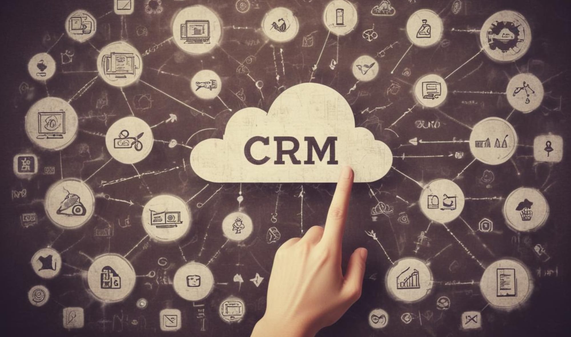 중앙에 'CRM'이라고 적힌 구름을 중심으로 다양한 상징들이 구름을 향하거나 서로 얽혀 있는 형태로 표현되어 있습니다.
