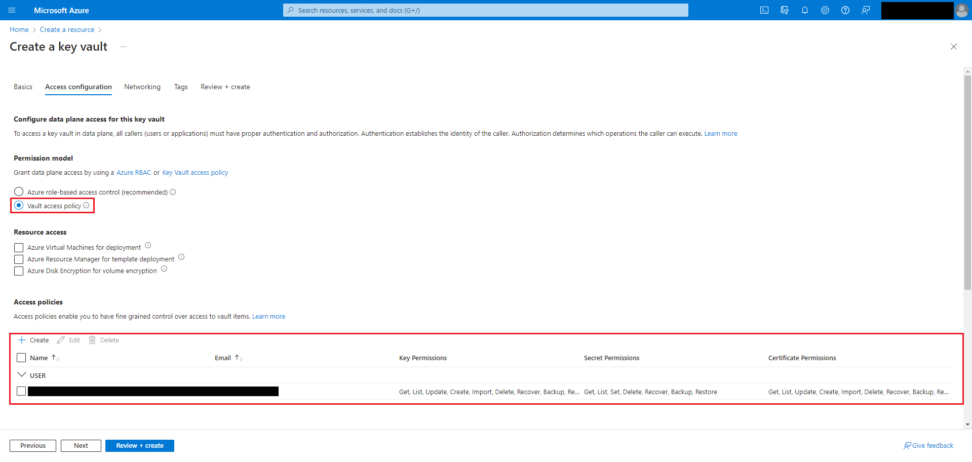 key vault access configuration