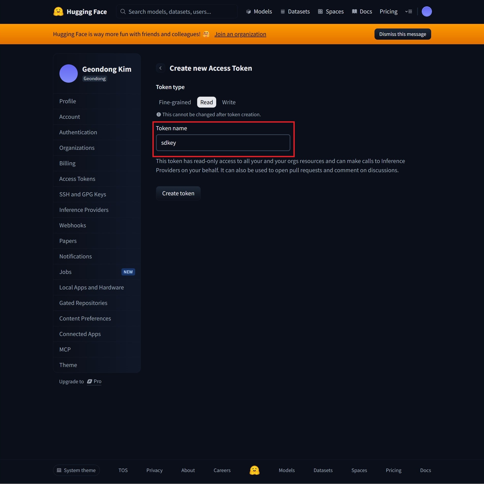 Hugging Face Access Token 발급2