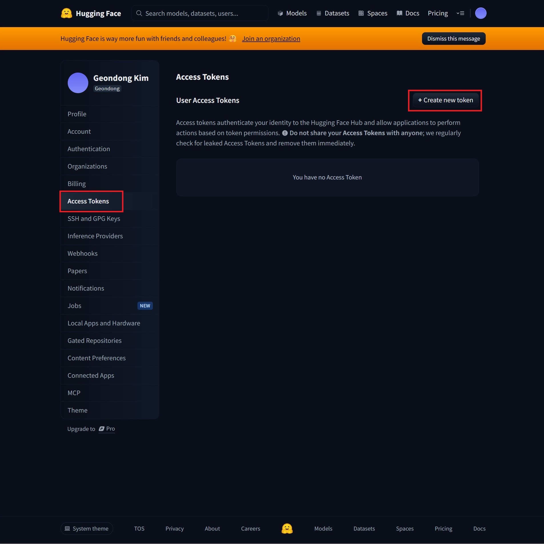 Hugging Face Access Token 발급1