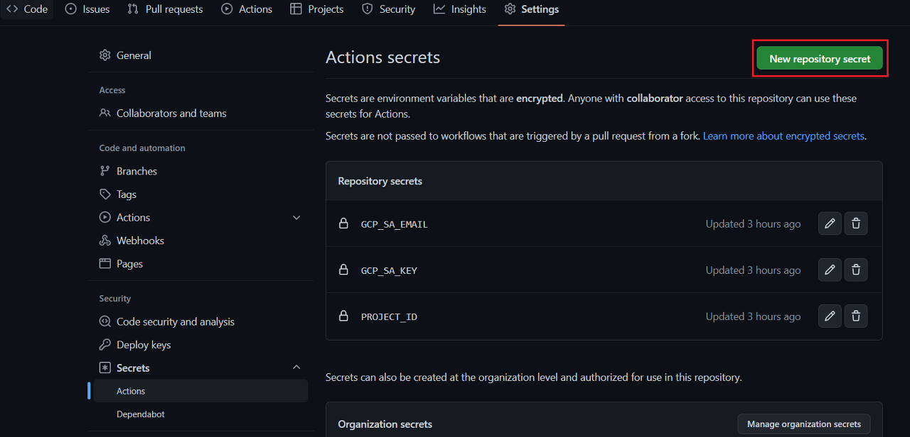 New repository secret button